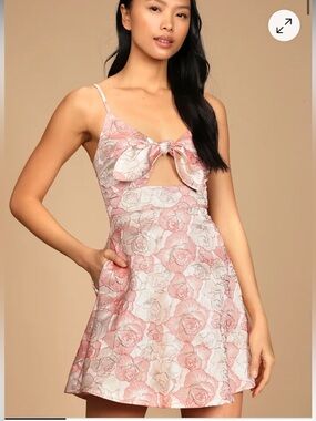 Lulus Quick Love Pink Floral Jacquard Tie Front Dress with Pockets Fit N Flare
